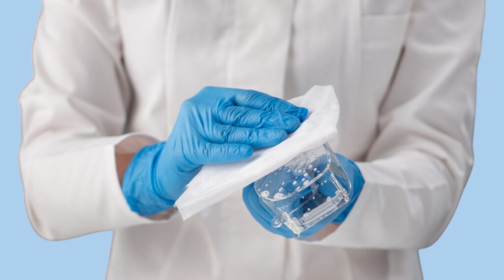Person in PPE cleaning a clear container