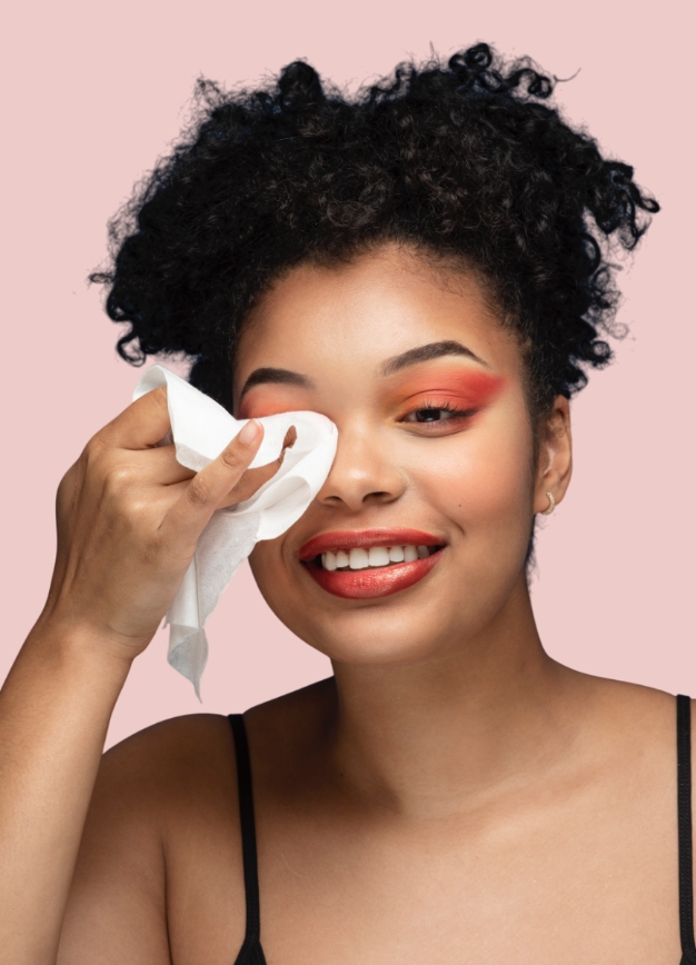 Woman taking off makeup with wet wipe
