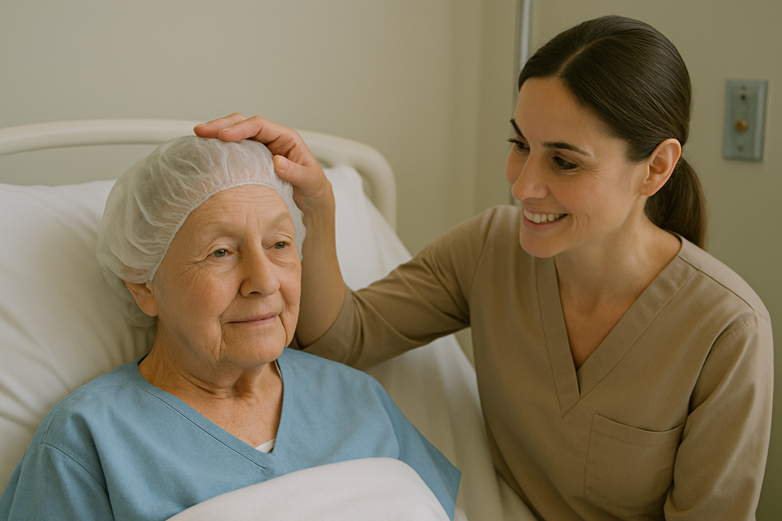Elderly woman in a hospital bed wearing a protective hairnet and a young woman touching her head