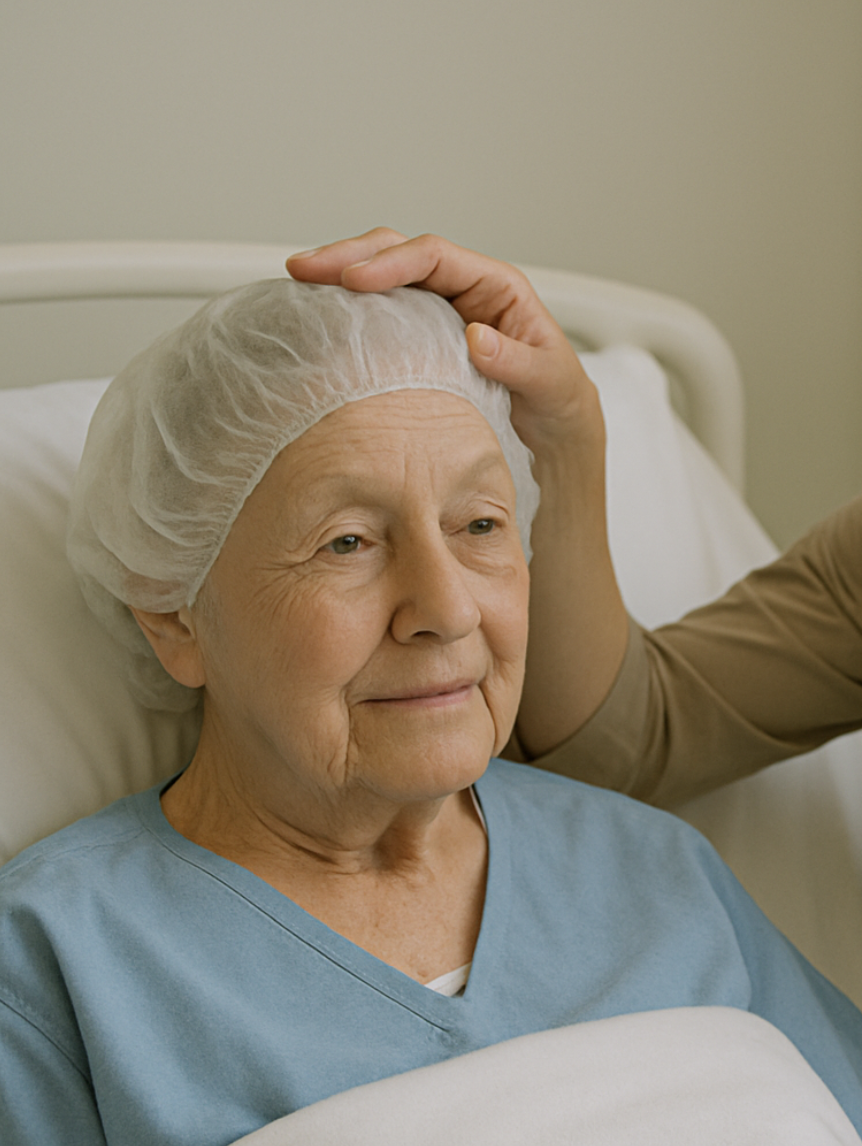 Woman in hospital bed wearing a hairnet