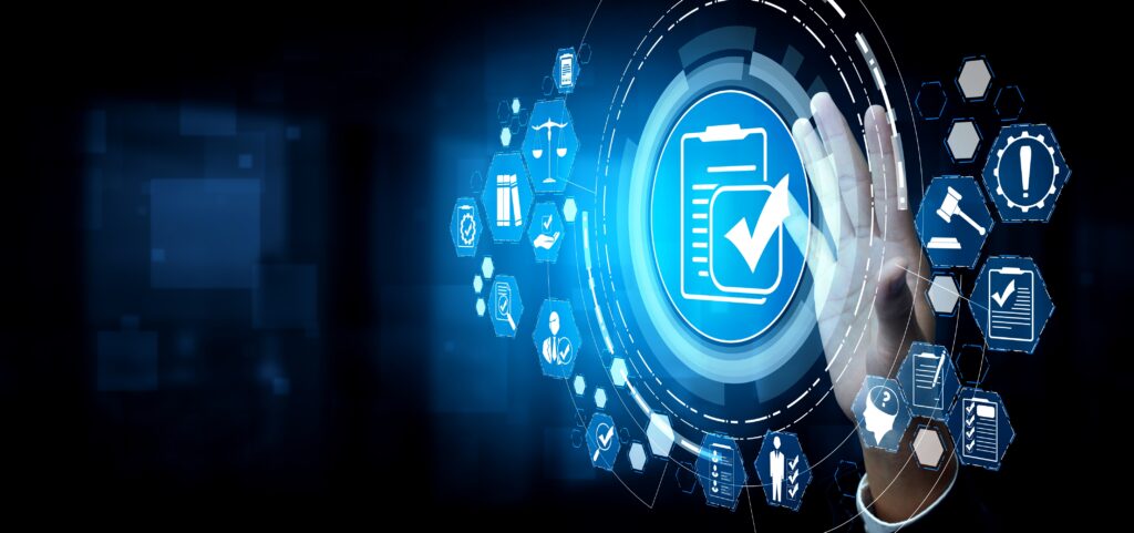 A digital interface showing a hand interacting with a futuristic compliance and regulatory system.