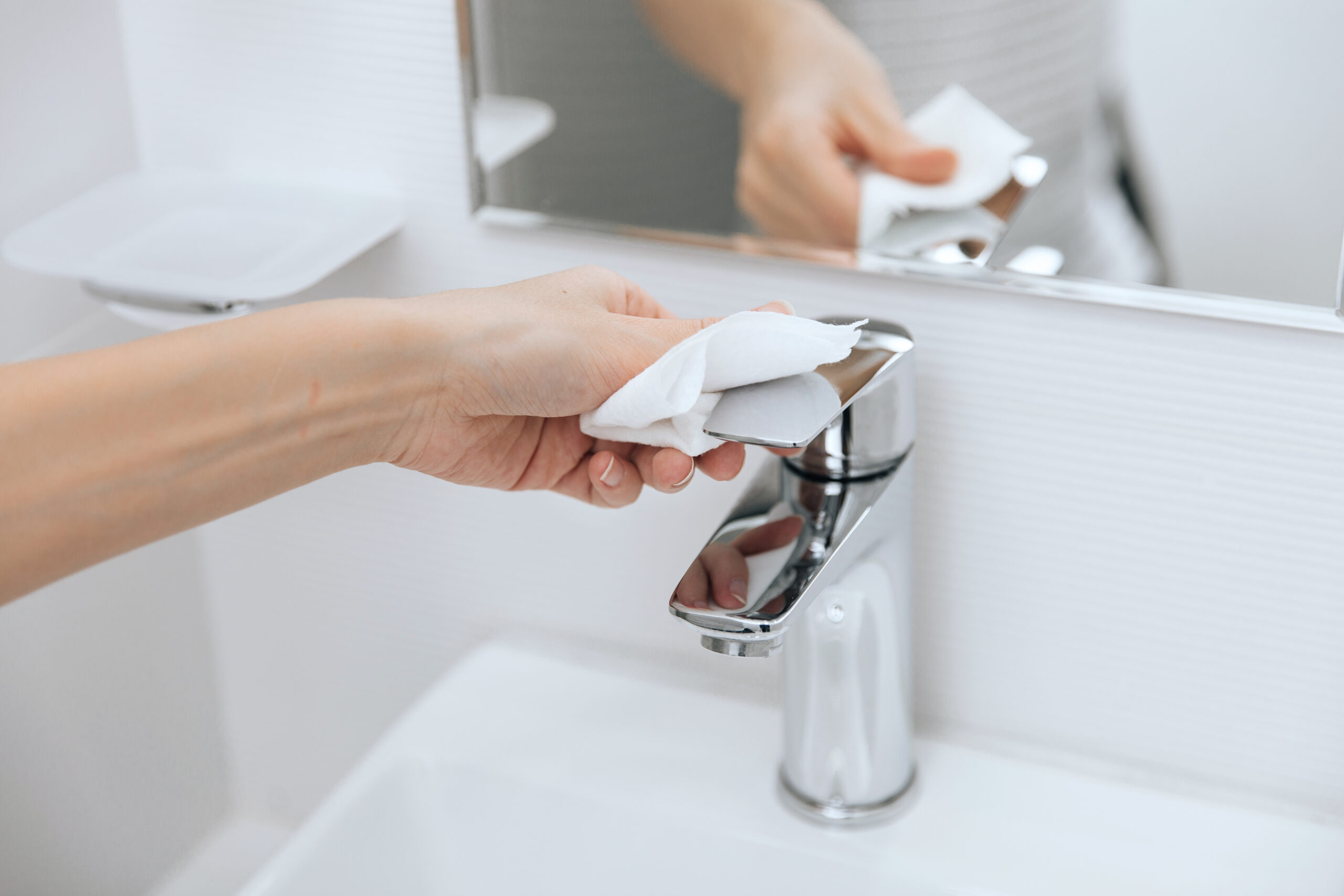 Someone cleaning a bathroom sink tap with a wet wipe